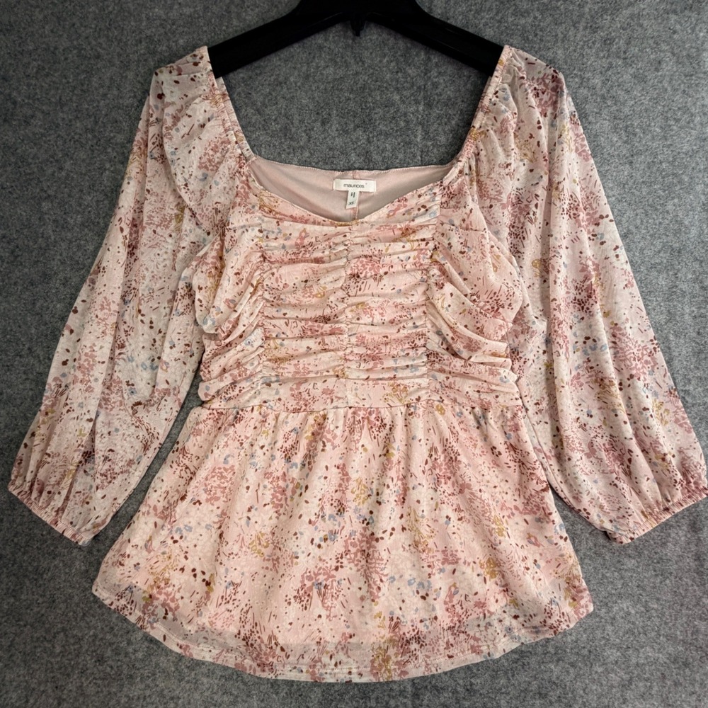 Maurices Pink Floral Ruched Square Neck Peplum Blouse Top Fairy Coquette Whimsy